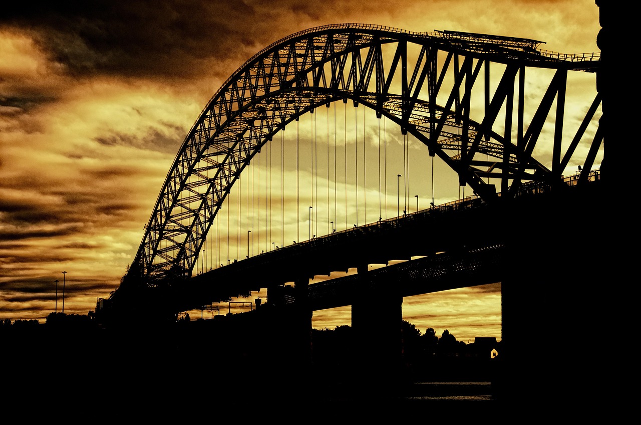 bridge, silhouette, sunset, dusk, structure, architecture, road bridge, arch bridge, suspension bridge, silver jubilee bridge, nature, river mersey, manchester ship canal, england, united kingdom